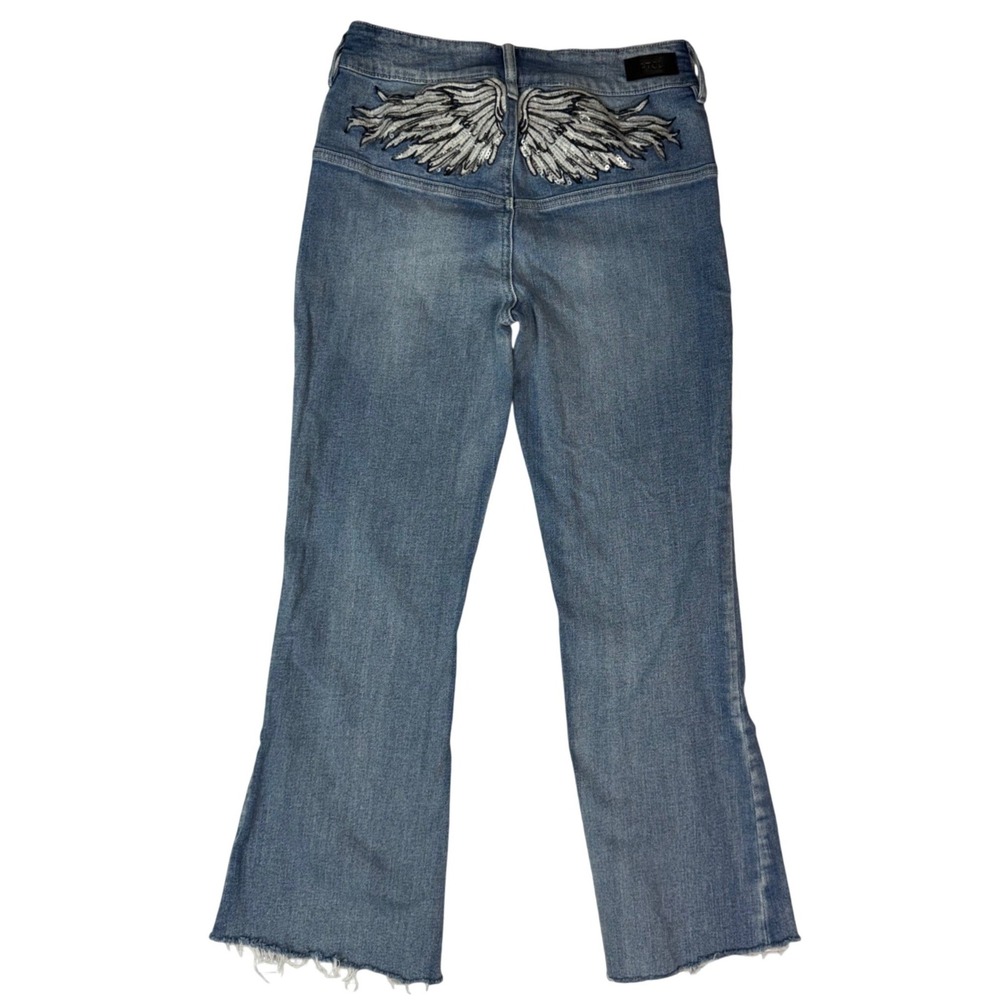 PTCL Ethikal Brand Womens‎ Flare Jeans Blue Sequin Angel Wings Size 30 Raw Hem